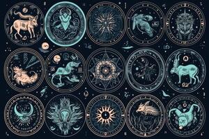 un' impostato di magico zodiaco segni su un' buio sfondo con stelle creato con generativo ai tecnologia. foto