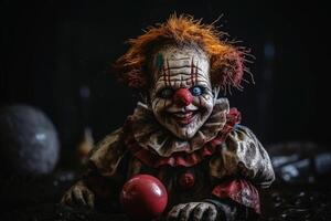 un il male clown Bambola nel un' sporco Guarda creato con generativo ai tecnologia. foto