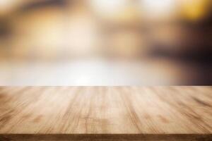 legna tavolo superiore su leggero sfocatura sfondo vuoto Marrone legna tavolo ai generato foto