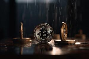 oro moneta bitcoin su un' nero sfondo. il concetto di crypto moneta. blockchain tecnologia. misto media. generativo ai. foto