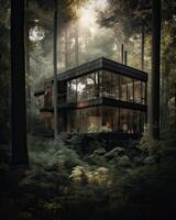 un' moderno Casa nel foresta Perfetto per isolato vacanza o appena un' tranquillo, calmo rilassare nel il connessione con natura. moderno architettura. generativo ai. foto