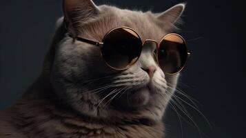 divertente studio tiro di freddo gatto indossare occhiali da sole su grigio sfondo con copia spazio. generativo ai. foto