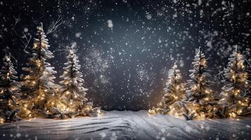 Natale albero e Natale luci su astratto nevoso paesaggio sfondo, natale sfondo concetto con pubblicità spazio. generativo ai. foto