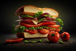 Sandwich con salsiccia, formaggio e pomodoro su un' buio sfondo. generativo ai foto