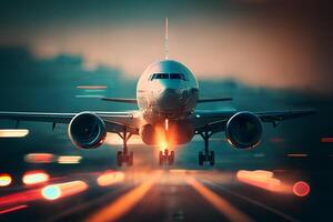 un' passeggeri aereo terre a il aeroporto nel il sera. generativo ai foto