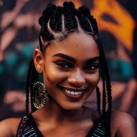 giovane di carnagione scura sorridente africano ragazza, con trecce. ritratto. generativo ai foto