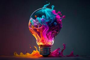 un' leggero lampadina con colpi di dipingere nel neon colori. un' creativo concetto per creatività. generativo ai foto
