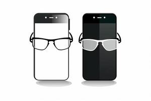 Due smartphone nero e bianca con occhiali. icona. bianca sfondo. generativo ai foto