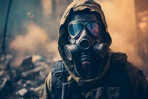 un' militare soldato nel un' gas maschera e un' militare uniforme su il strada. generativo ai foto