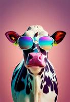creativo animale composizione. mucca indossare occhiali da sole occhiali da sole monocolo isolato. pastello pendenza sfondo. con testo copia spazio. creare ai foto