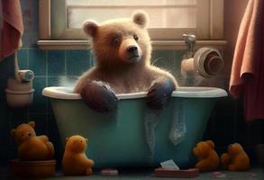 carino orso nel vasca da bagno, animali domestici pulizia. creare ai. foto