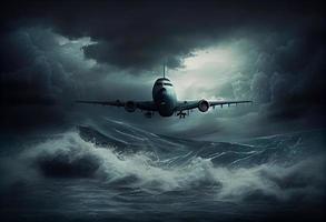 passeggeri aereo mosche nel un' tempesta al di sopra di il oceano. creare ai. foto