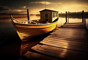 giallo di legno barca su il lago vicino il di legno molo. creare ai. foto