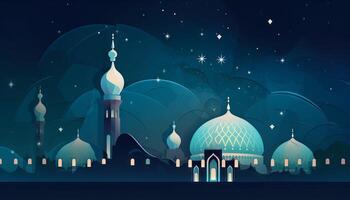 illustrazione di un' moschea, stelle, e un eid mubarak saluto, che rappresentano il celebrazione di fede durante Ramadan e eid. generativo ai foto