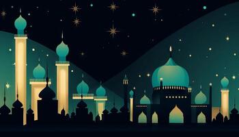 illustrazione di un' moschea, stelle, e un eid mubarak saluto, che rappresentano il celebrazione di fede durante Ramadan e eid. generativo ai foto