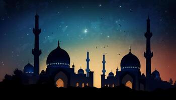 illustrazione di un' moschea, stelle, e un eid mubarak saluto, che rappresentano il celebrazione di fede durante Ramadan e eid. generativo ai foto