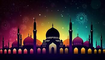 illustrazione di un' moschea, stelle, e un eid mubarak saluto, che rappresentano il celebrazione di fede durante Ramadan e eid. generativo ai foto
