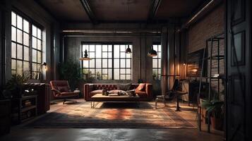 sorprendente vivente camera soffitta nel industriale stile, 3d rendere. generativo ai foto