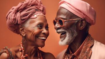 gioioso anziano amore. africano coppia azioni risata e felicità. generativo ai foto