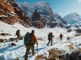 gruppo di esploratori intestazione in direzione il montagna ai generativo foto