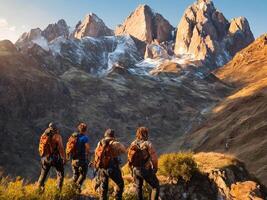 gruppo di esploratori intestazione in direzione il montagna ai generativo foto