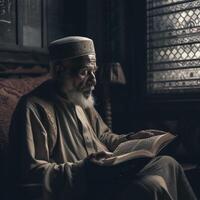 musulmano vecchio uomo preghiere su un' moschea con stellato e mezzaluna Luna Luna notte ai generativo foto