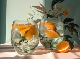 bicchiere di pompelmo succo con fette di arancia illustrazione ai generativo foto
