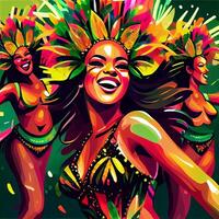 rio de janeiro carnevale festa illustrazione generativo ai, avvicinamento donna nel tropicale esotico Festival costume. stilizzato arte di un' brasiliano samba ballerino foto