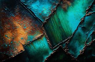 ossidato metallo blu verde rame patina. astratto olio e acrilico pittura su tela struttura sfondo. generativo ai. foto