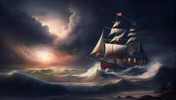 paesaggio di un' tempesta nel il mare. drammaticamente infausto cielo con Luna. un' grande barca a vela su enorme onde. generativo ai foto