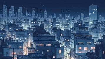 il paesaggio di il città a notte volta. paesaggio urbano con case e edifici e il bellissimo notte cielo. video gioco concetto arte con anime stile. gratuito illustrazione Immagine di ai generato. foto