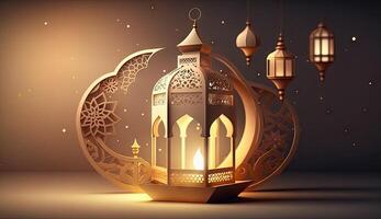 islamico vacanza Ramadan kareem evento sfondo, decorare con Arabo lanterna, Luna, mezzaluna, e moschea cupola, festivo saluto carta disegno, eid mubarak scena, con generativo ai. foto