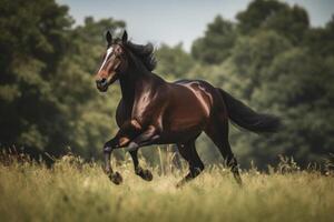 Marrone cavallo al galoppo nel il campo. illustrazione ai generativo foto