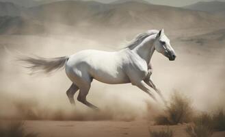 bianca cavallo al galoppo nel il deserto. illustrazione ai generativo foto