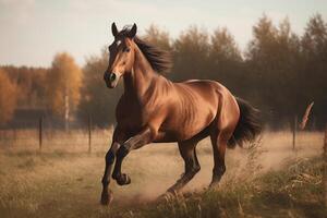 Marrone cavallo al galoppo nel il campo. illustrazione ai generativo foto