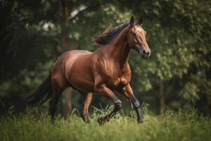 Marrone cavallo al galoppo nel il campo. illustrazione ai generativo foto