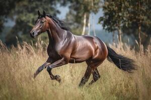 Marrone cavallo al galoppo nel il campo. illustrazione ai generativo foto