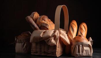 carta Borsa con pane e cestino di Pasticcino. generativo ai foto