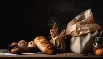 carta Borsa con pane e cestino di Pasticcino. generativo ai foto