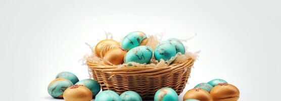 il Pasqua cestino con colorato uova e un' pochi caramella, nel il stile di minimalista sfondi, coniglietto con uova con un' scatola, nel il stile di morbido colore miscelazione, illustrazione generativo ai foto