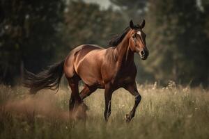 Marrone cavallo al galoppo nel il campo. illustrazione ai generativo foto