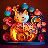 generativo ai illustrazione di carta tagliare quilling Multi dimensionale Cinese stile carino zodiaco gattino gatto con lanterne nel sfondo, pop colore, Cinese nuovo anno concetto. foto