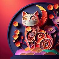 generativo ai illustrazione di carta tagliare quilling Multi dimensionale Cinese stile carino zodiaco gattino gatto con lanterne nel sfondo, pop colore, Cinese nuovo anno concetto. foto