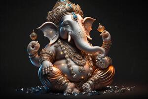 generativo ai illustrazione di Ganesha indù Dio , con fiori, olio pittura prese su in Paradiso, seduta nel davanti di bokeh mandala sfondo foto