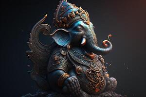 generativo ai illustrazione di Ganesha indù Dio , con fiori, olio pittura prese su in Paradiso, seduta nel davanti di bokeh mandala sfondo foto