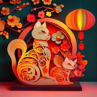 generativo ai illustrazione di carta tagliare quilling Multi dimensionale Cinese stile carino zodiaco gattino gatto con lanterne nel sfondo, pop colore, Cinese nuovo anno concetto. foto