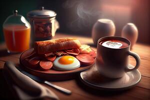 generativo ai illustrazione di fritte uova e Bacon e hash marroni e nero budino e funghi e pane abbrustolito... foto