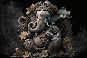 generativo ai illustrazione di Ganesha indù Dio , con fiori, olio pittura prese su in Paradiso, seduta nel davanti di bokeh mandala sfondo foto