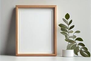 generativo ai illustrazione di di legno immagine telaio modello nel lato telaio. appena vuoto telaio e di legno schema. finto su per un illustrazione. foto