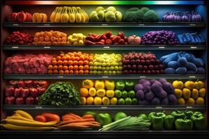 generativo ai illustrazione di fresco e colorato, frutta e verdura sezione di il supermercato foto